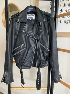 Walter Baker Black Leather Moto Jacket with Zippered Pockets